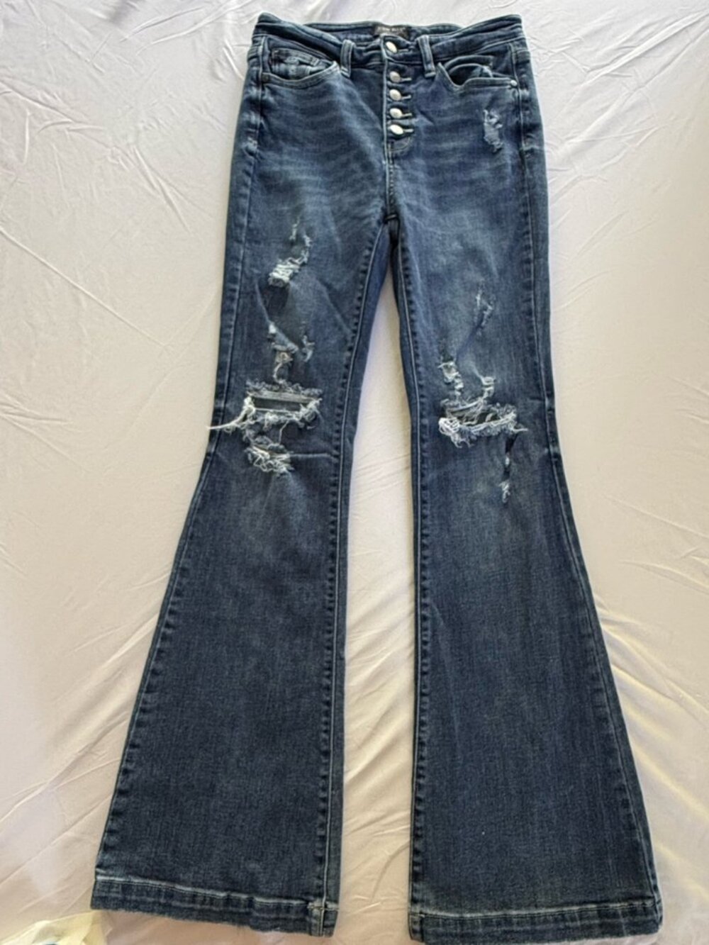 Judy Blue Mid Rise Button Fly Trouser Flare Jeans Destroyed Details Size 5/27